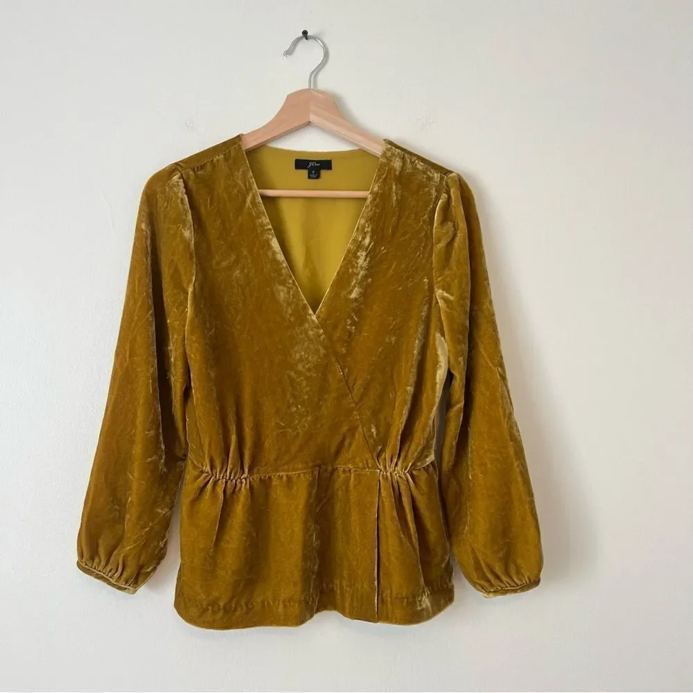 J. Crew Faux Wrap Velvet Long Sleeve Blouse Size 2 in Mustard Yellow